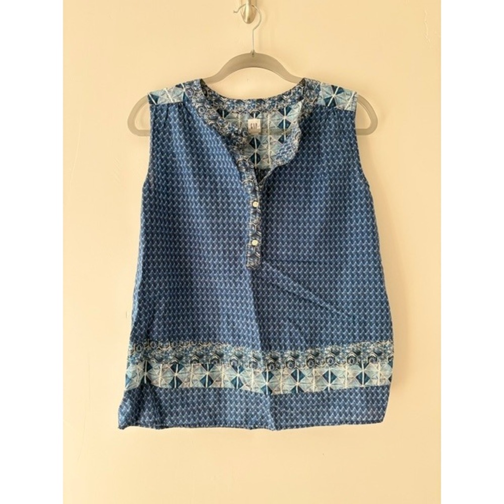 Gap Womens Blue Geometric Mosaic Print Sleeveless Henley Boho Blouse Medium